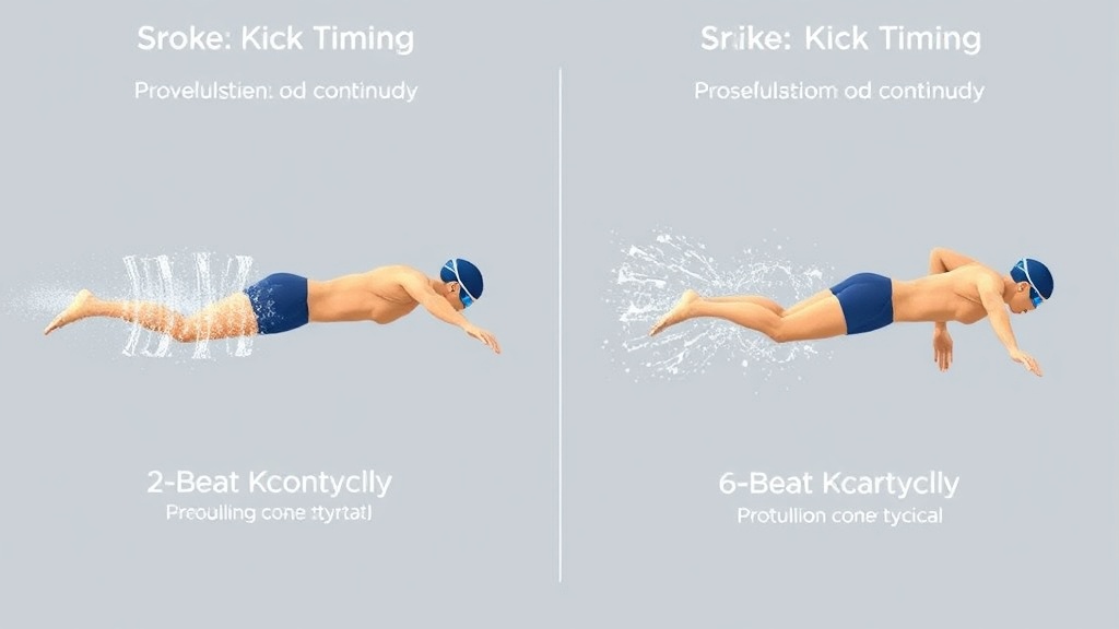 스트로크와 발차기의 타이밍(2비트, 6비트)을 분석하여 추진력의 연속성을 시각적으로 보여주는 바이오메카닉 분석 피드